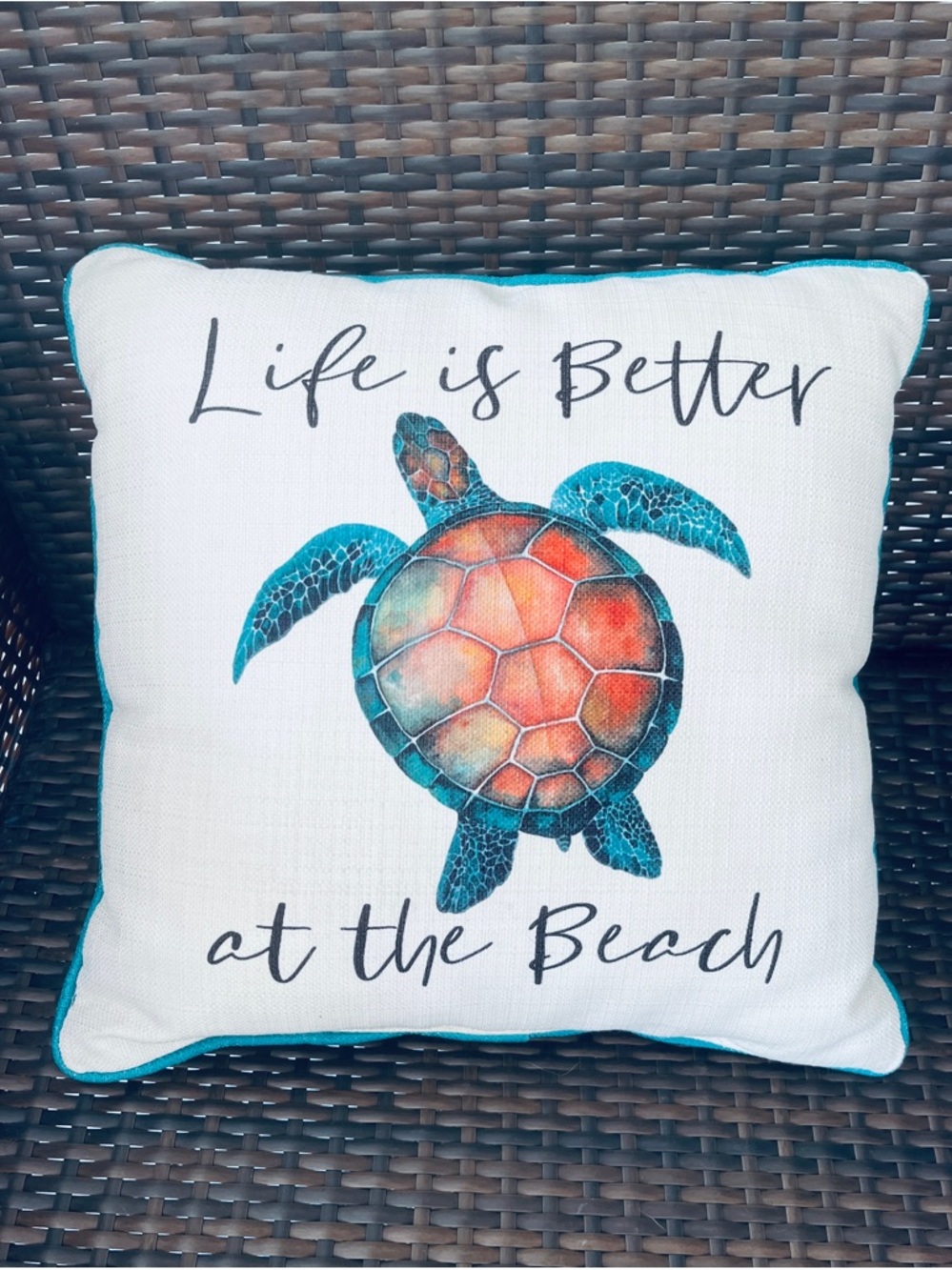 Life Is Better At The Beach Turtle Decorative Throw Pillow - Teal & Coral